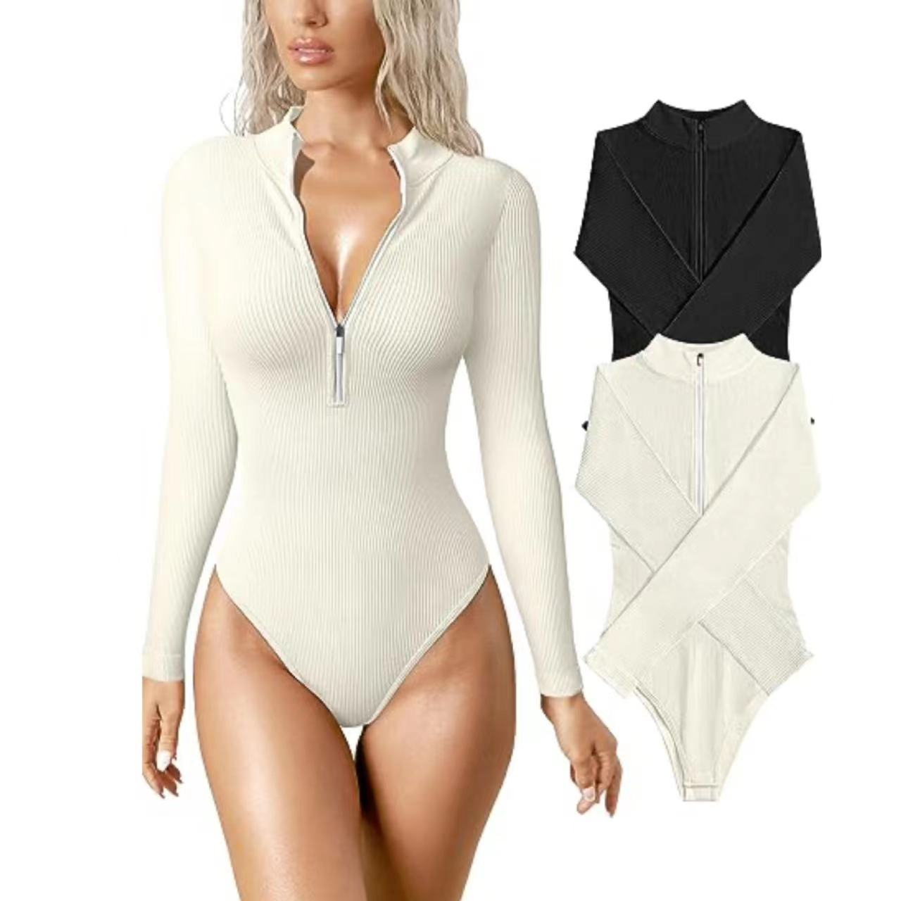 Long Sleeved Front Zipper Ribbed Bodysuit