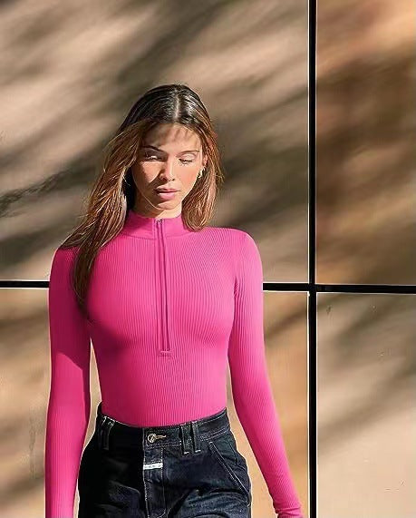 Long Sleeved Front Zipper Ribbed Bodysuit
