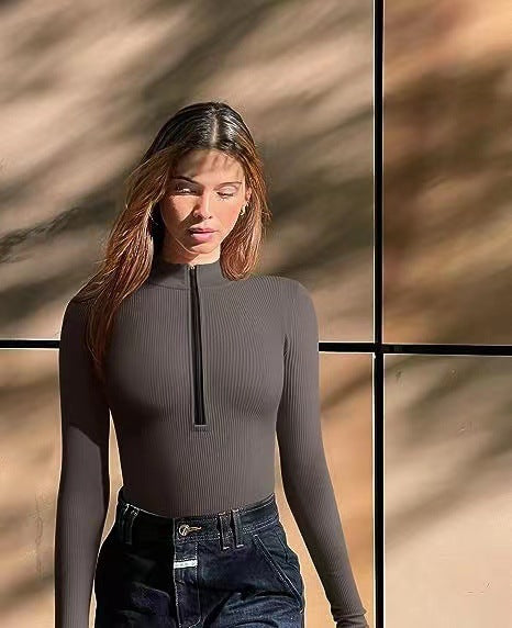 Long Sleeved Front Zipper Ribbed Bodysuit