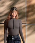 Long Sleeved Front Zipper Ribbed Bodysuit