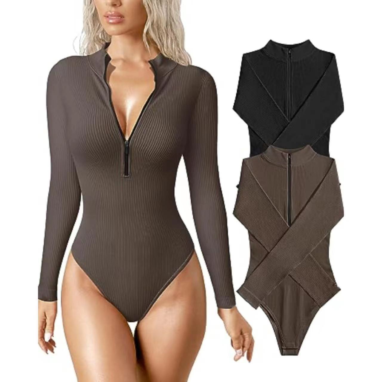 Long Sleeved Front Zipper Ribbed Bodysuit